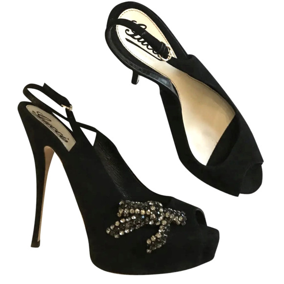 sold! 8 Platform CRYSTAL BOW Slingback Heels Suede Rhinestone Peeptoe Pumps EU39 - Picture 2 of 12